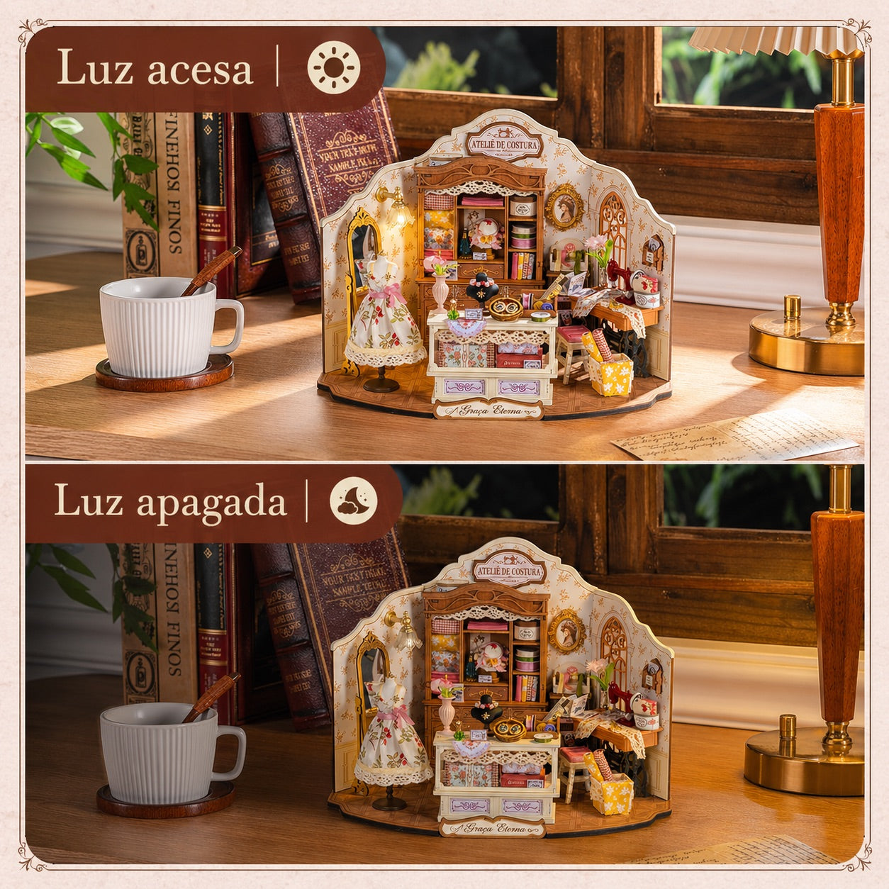 atelie de costura retro casa miniatura diy - imagem luz led imagem