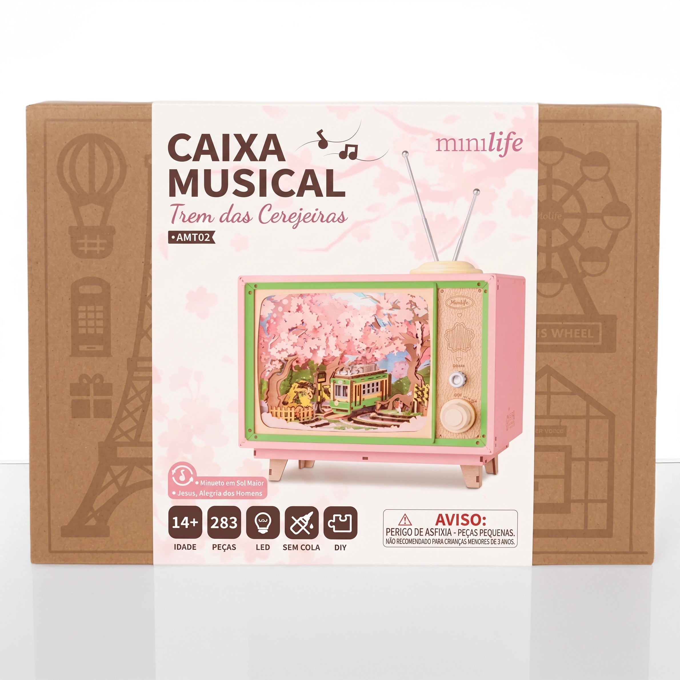 caixa musical trem das cerejeiras quebra cabeca 3d madeira diy - imagem caixa do produto
