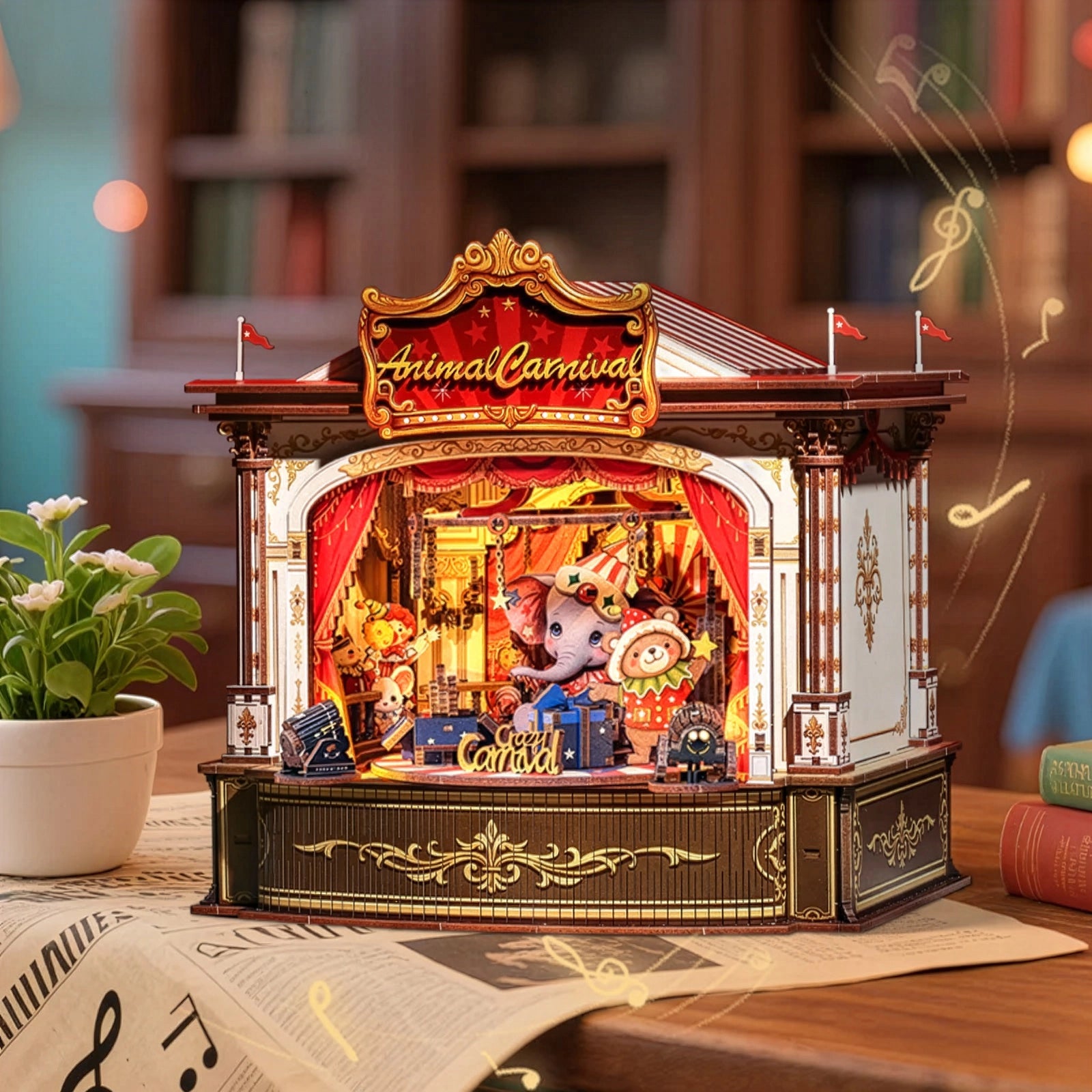 Circo Musical dos Animais Casa Miniatura DIY